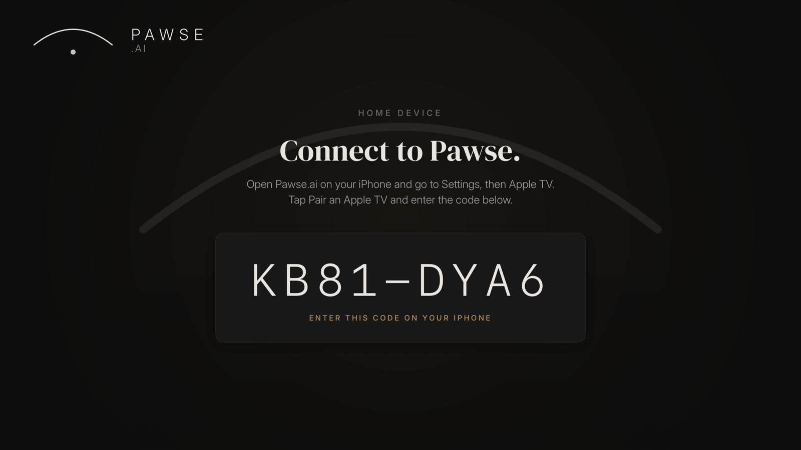 Pawse.ai pairing screen on Apple TV showing an 8-character code