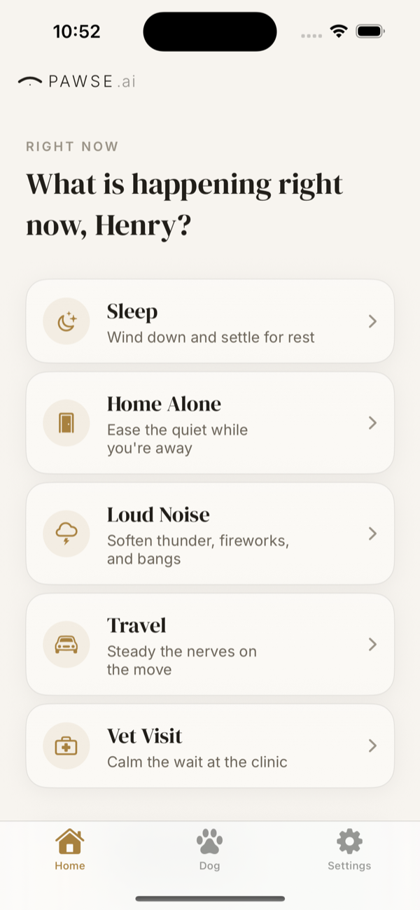 Pawse.ai home screen showing What is happening right now with mode list