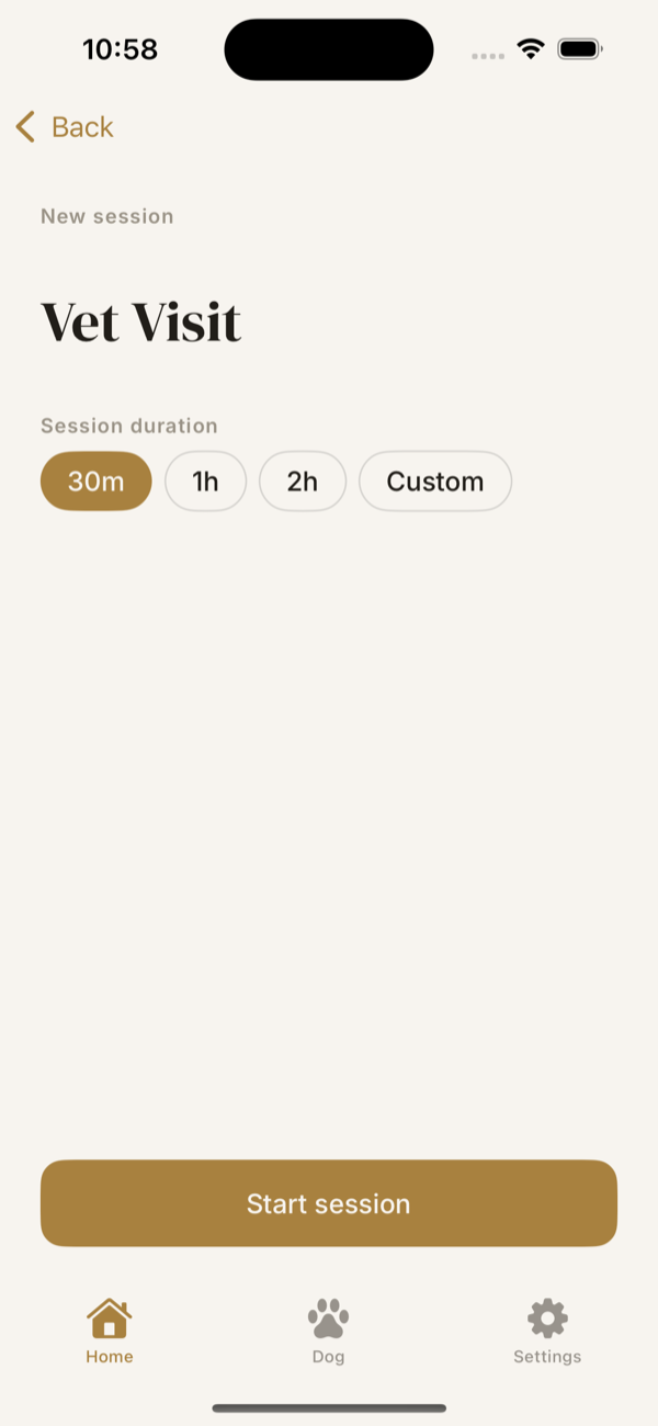 Active screen with duration picker and Start Session button