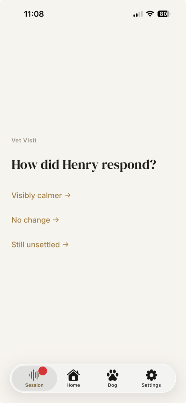 Feedback screen asking How did your dog respond with three options
