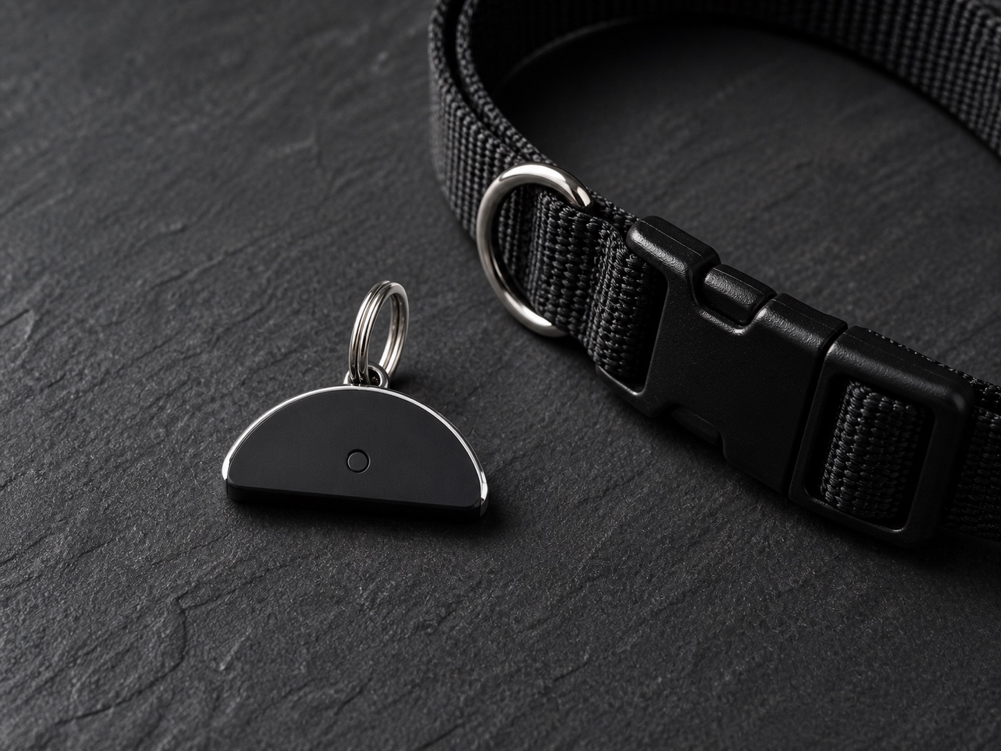 The Pawse.ai Tag, a small matte-black half-moon sensor with a metal trim, resting beside a black dog collar.